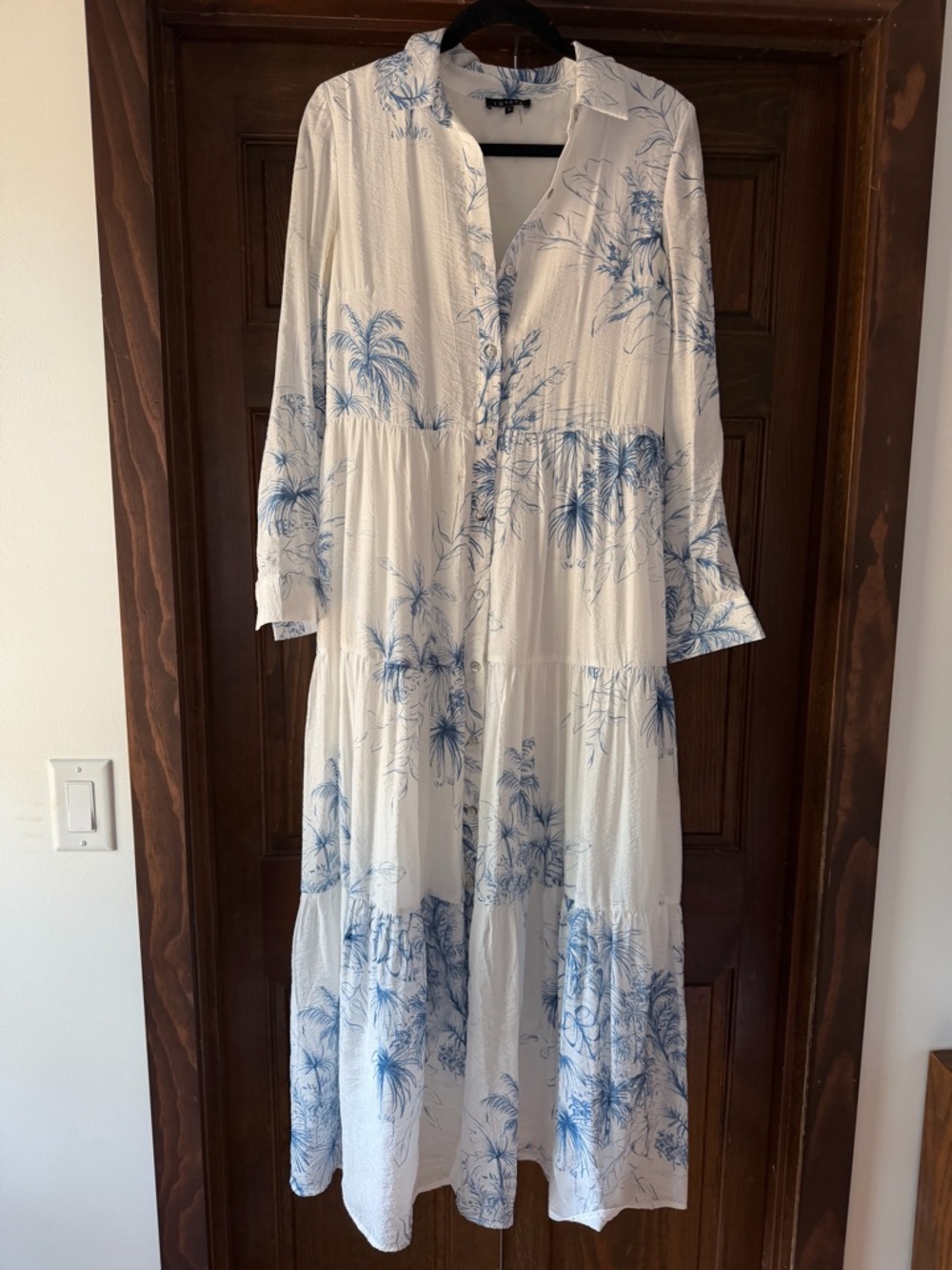 1.STATE Blue & White Tropical Toile Palm Tiered Maxi Shirt Dress Small